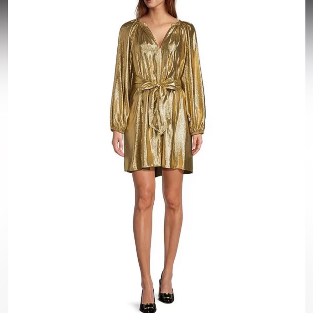 NWT ANTONIO MELANI Raffaella Metallic Split V-Long Sleeve Tie Waist Dress